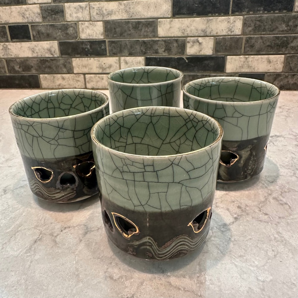Vintage Somayaki Japan Golden Horse Double Wall Hearts Tea Cups Set Of 4
